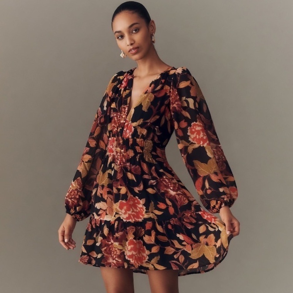 Anthropologie Somerset Mini Dress Black Floral Long Sleeve V-Neck Small Adaptive
